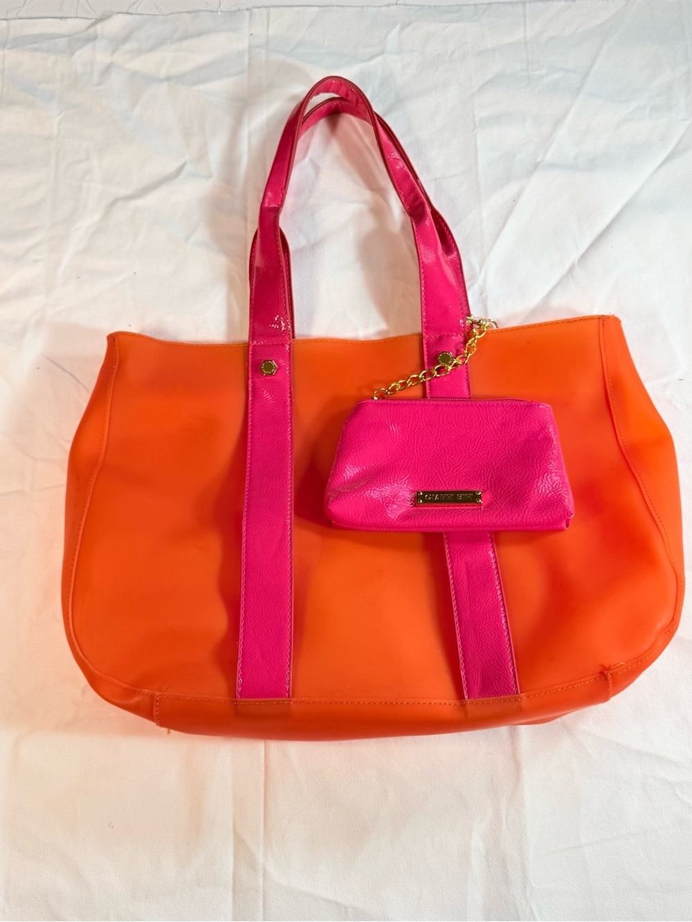 Gianni Bini Bright Orange & Hot Pink Jelly Tote with Detachable Wristlet Pouch